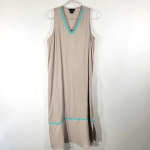 NATORI tan 'V' neck sleeveless long maxi nightgown sleep dress teal trim Large